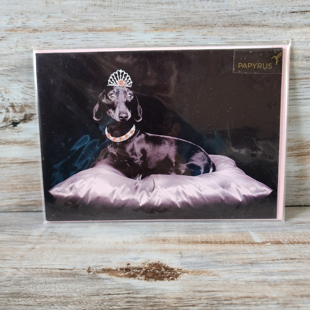 Papyrus Greeting Card Black Dachshund Dog Tiara Jewels Blank Pink Envelope